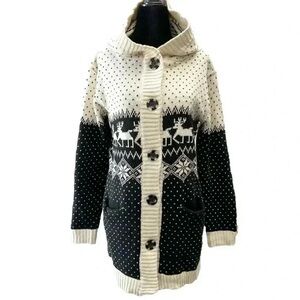 Hand Knit Cardigan Sweater Fair Isle Handmade Christmas Holiday Beige Black Smal